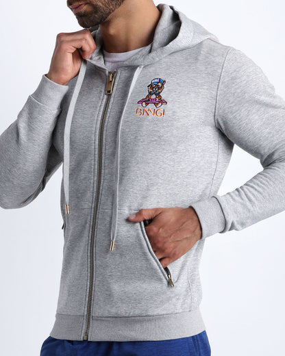 Side view of the GREY men's full-zip hooded fleece sweatshirt by BANG! Clothes based in Miami. This hoodie is soft and skin-friendly with two pockets to store small things and keep hands warm. 