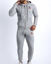 Frontal view of the matching GREY Tracksuit Hoodie Jacket and the Tracksuit Pants for men in a soft moisture wicking and breathable tracksuit set. 