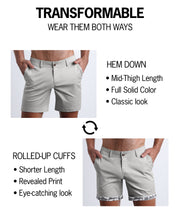 GREYS JONES Street shorts by BANG! Clothes are tranformable. You're able to wear wear them 2 ways: Hem down or rolled-up cuffs. Hem down have a mid-thigh length, full solid color, and provide a classic chino shorts look. Rolled-up cuffs provide a shorter length, provide a fun print and eye-catching look.