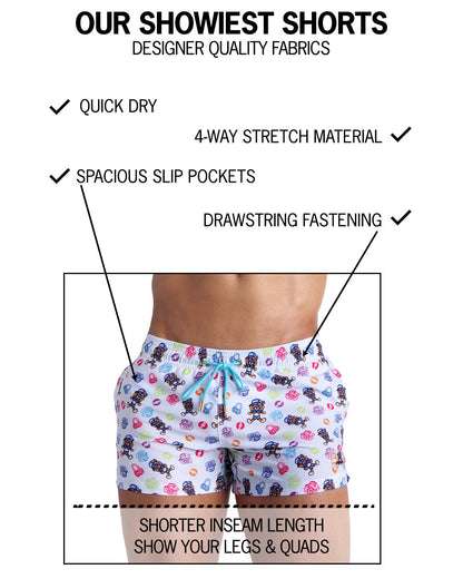 Infographic explaining shorter inseam and leg length on BANG! Miami show shorts premium fit, designer quality, quick dry, four-way stretch, big pockets. 