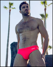 Front view of a sexy male model wearing premium fit BANG Miami swim briefs summer body 2021 perfect fit south beach