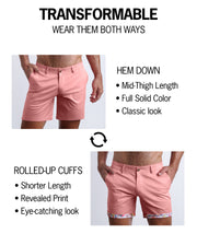 IBIZA PINK Street shorts by BANG! Clothes are tranformable. You're able to wear wear them 2 ways: Hem down or rolled-up cuffs. Hem down have a mid-thigh length, full solid color, and provide a classic chino shorts look. Rolled-up cuffs provide a shorter length, provide a fun print and eye-catching look.