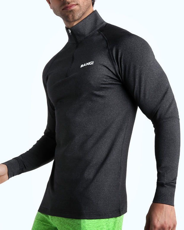 Side view of men’s performance exercise top in a black color made by BANG! Clothing the official brand of mens sportswear.