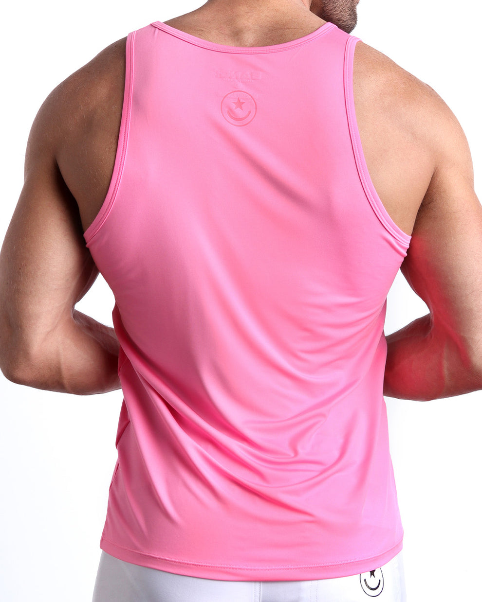 Back view of the LA BEACH EN ROSE men's fitness tank top in light pink color by BANG! menswear Miami.
