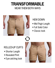 LET'S HAVE A KHAKI Street shorts by BANG! Clothes are tranformable. You're able to wear wear them 2 ways: Hem down or rolled-up cuffs. Hem down have a mid-thigh length, full solid color, and provide a classic chino shorts look. Rolled-up cuffs provide a shorter length, provide a fun print and eye-catching look.