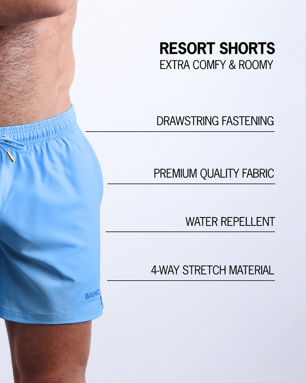 Infographic explaining how extra comfy and roomy Resort Shorts. They have drawstring fastening, quality fabric, quick-dry, 4-way stretch material features of the resort shorts. 