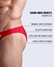 Infographic explaining the features of the MAJESTIC RED Swim Mini Brief made by BANG! Clothes. These edgier cut mens swimsuit are 4-way stretch fabric, sits low for a sexier look, sculpts waistline, and have minimal skin coverage.