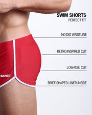 Infographic explaining the MAJESTIC RED Swim Shorts made by BANG! Clothes. These perfect fitting swimming shorts are brief-shaped liner inside, low-rise cut, retro-inspired cut, no-dig waistline.