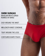 Infographic explaining the features of the MAJESTIC RED Swim Sunga by BANG! Clothes. These Brazilian men's swim sunga are easy around the waist, tight around the legs, have a contoured front pouch and are mid-length waist coverage.