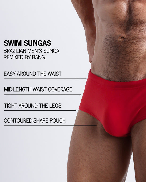 Infographic explaining the features of the MAJESTIC RED Swim Sunga by BANG! Clothes. These Brazilian men&