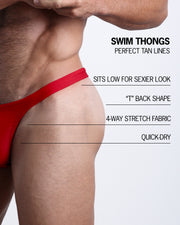 Infographic explaining the features of the MAJESTIC RED Swim Thong made by BANG! Clothes. These perfect for tan lines swim thongs are quick-dry, 4-way stretch fabric, have a "T" back shape, and sits low for sexier look.