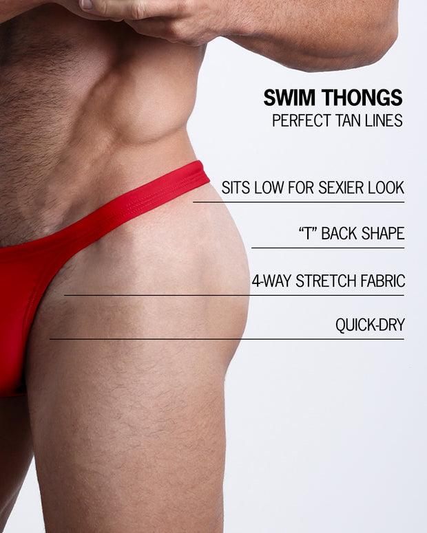 Infographic explaining the features of the MAJESTIC RED Swim Thong made by BANG! Clothes. These perfect for tan lines swim thongs are quick-dry, 4-way stretch fabric, have a "T" back shape, and sits low for sexier look.