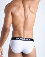 Back view of model wearing the MAX WHITE Men’s beathable cotton briefs for men by BANG! Offers light compression for perfect contouring to the body and second-skin fit.