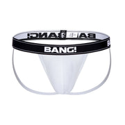 Model wearing the MAX WHITE Men’s breathable cotton Jockstrap for men by BANG!