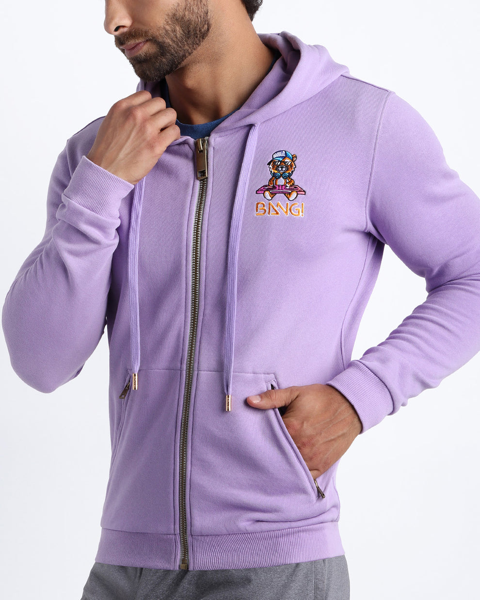 Side view of the METRO PURPLE men's full-zip hooded fleece sweatshirt by BANG! Clothes based in Miami. This hoodie is soft and skin-friendly with two pockets to store small things and keep hands warm. 