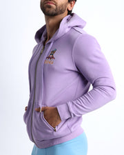 Side view of the METRO PURPLE men's full-zip hooded fleece sweatshirt by BANG! Clothes based in Miami. This hoodie is soft and skin-friendly with two pockets to store small things and keep hands warm. 