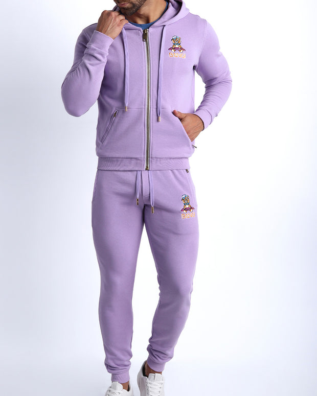 Frontal view of the matching METRO PURPLE Tracksuit Hoodie Jacket and the Tracksuit Pants for men in a soft moisture wicking and breathable tracksuit set. 