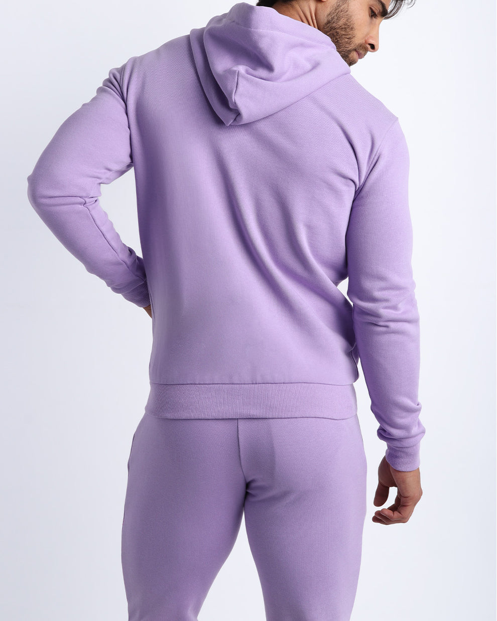 Back view of men's high quality outdoor jacket in a solid violet light purple color. Suitable for daily, school, work, jogging and hanging out in Winter.