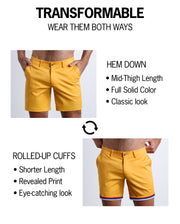 MUSTARD ON 45 Street shorts by BANG! Clothes are tranformable. You're able to wear wear them 2 ways: Hem down or rolled-up cuffs. Hem down have a mid-thigh length, full solid color, and provide a classic chino shorts look. Rolled-up cuffs provide a shorter length, provide a fun print and eye-catching look.