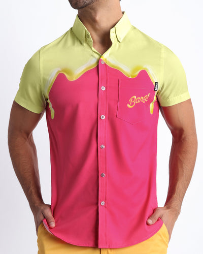 Front view of the MY MILKSHAKE men’s short-sleeve stretch shirt in a bright pink color featuring yellow melting ice cream print by the Bang! brand of men's beachwear from Miami.