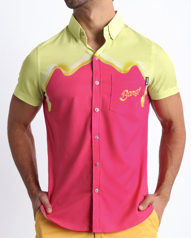 Front view of the MY MILKSHAKE men’s short-sleeve stretch shirt in a bright pink color featuring yellow melting ice cream print by the Bang! brand of men&