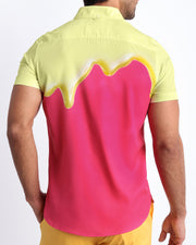 Back side of the MY MILKSHAKE casual Summer shirt for men in hot pink and pale yellow color melting ice cream theme by BANG! Miami.