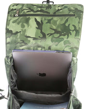 Maverick Backpack Bang Clothes Gym Duffel Beach Bag Weekend Travel Bag in green camo with golden logo and details interior organization laptop carry