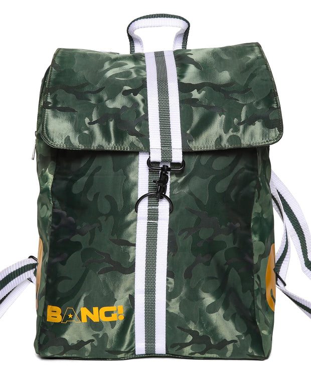 Maverick Backpack Bang Clothes Gym Duffel Beach Bag Weekend Travel Bag in green camo with golden logo and details