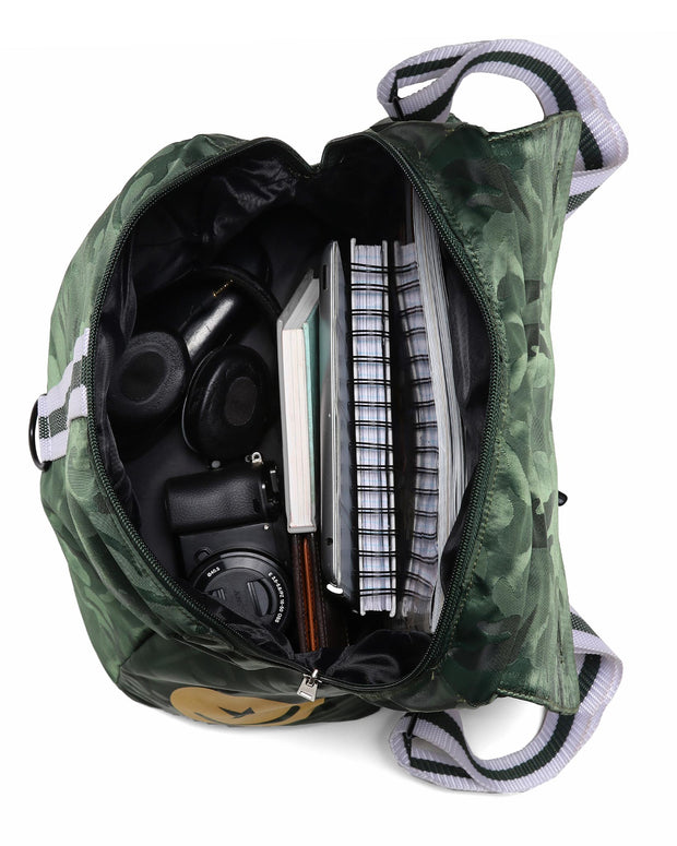Maverick Backpack Bang Clothes Gym Duffel Beach Bag Weekend Travel Bag in green camo with golden logo and details interior organization