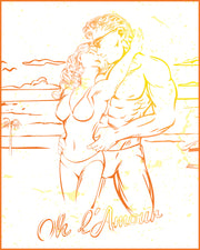 Oh L'Amour drawing in orange and yellow color of a fit couple in love at the beach kissing for BANG! clothes as part of the Oh L'Amour series graphic.