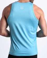Back view of the OLYMPIC BLUE men's fitness tank top in a green blue color by BANG! menswear Miami.