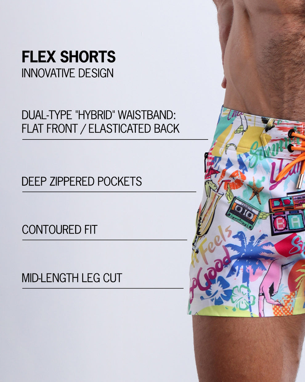 Infographic explaining the innovative design of the FLEX SHORTS. They're dual-type "hybrid" waistband, deep zippered pockets, contoured fit and mid-length leg cut by BANG! Clothes based in Miami.