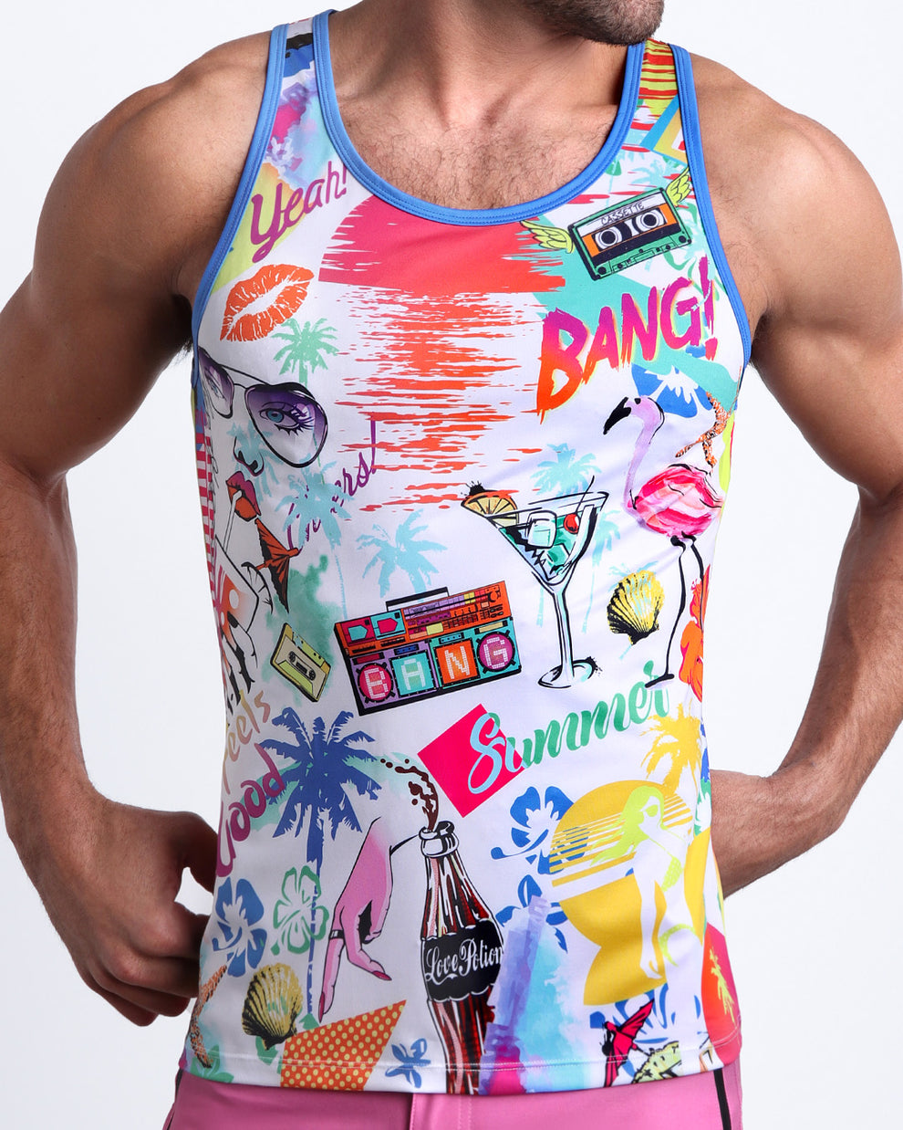 Front view of model wearing the PEOPLE FROM IBIZA men’s beach tank top in white with colorful Miami pop art by the Bang! Clothes brand of men's beachwear from Miami.