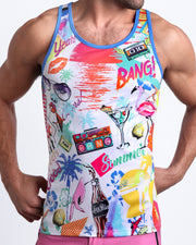 Front view of model wearing the PEOPLE FROM IBIZA men’s beach tank top in white with colorful Miami pop art by the Bang! Clothes brand of men's beachwear from Miami.