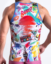 Back view of male model wearing the PEOPLE FROM IBIZA summer tank top for men by BANG! Miami in white with colorful pop art.