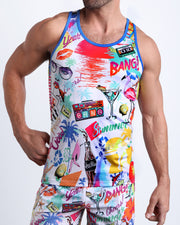 Model wearing the PEOPLE FROM IBIZA matching beach shorts and tank top for a complete look by BANG! Clothes from Miami.