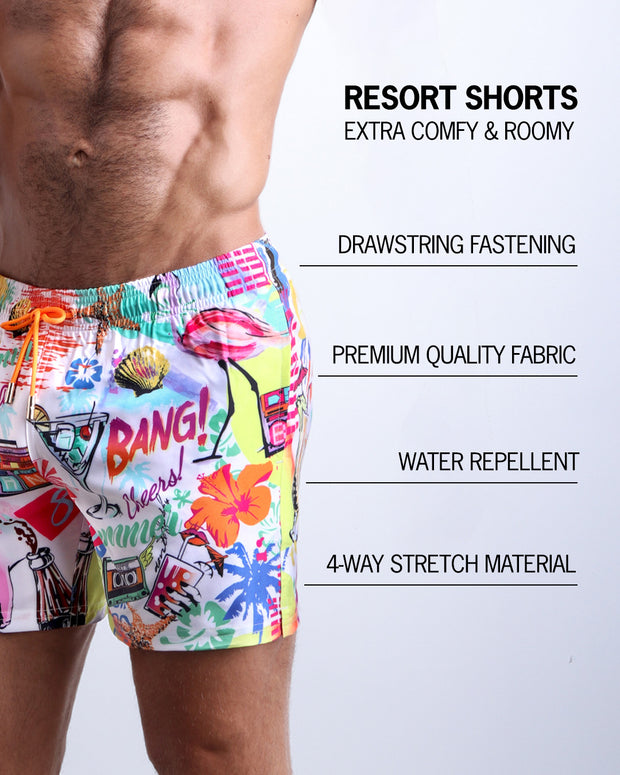 Infographic of the PEOPLE FROM IBIZA swimsuit for men, with orange cord and custom branded golden cord-ends, and matching custom eyelet trims in gold. These Resort Shorts are water repellent, has 4-way stretch material, and made of premium quality fabric.