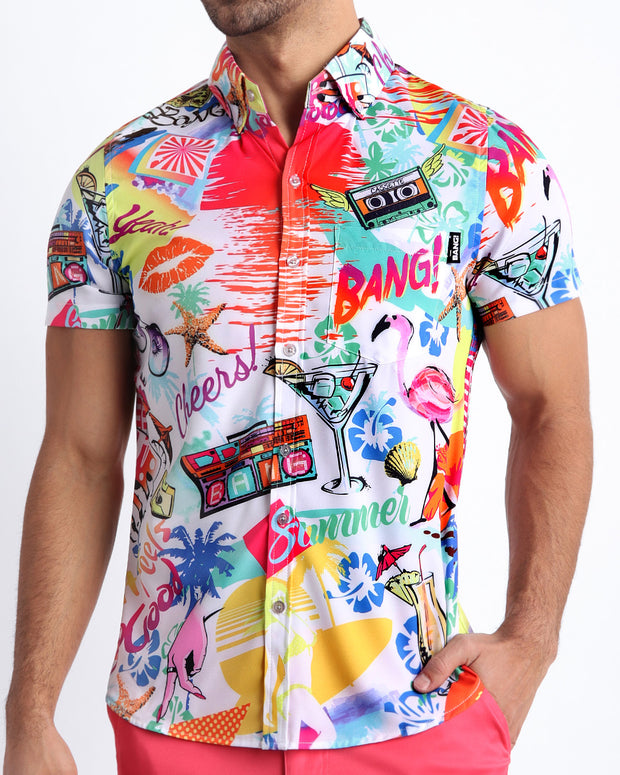 Front view of the PEOPLE FROM IBIZA men’s short-sleeve Hawaiian stretch shirt in white with colorful Miami pop art by the Bang! brand of men&