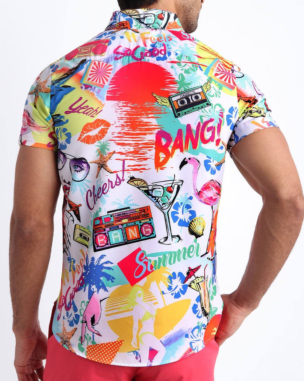 Back side of the PEOPLE FROM IBIZA stretch shirt for men in white with colorful pop art by BANG! Miami.