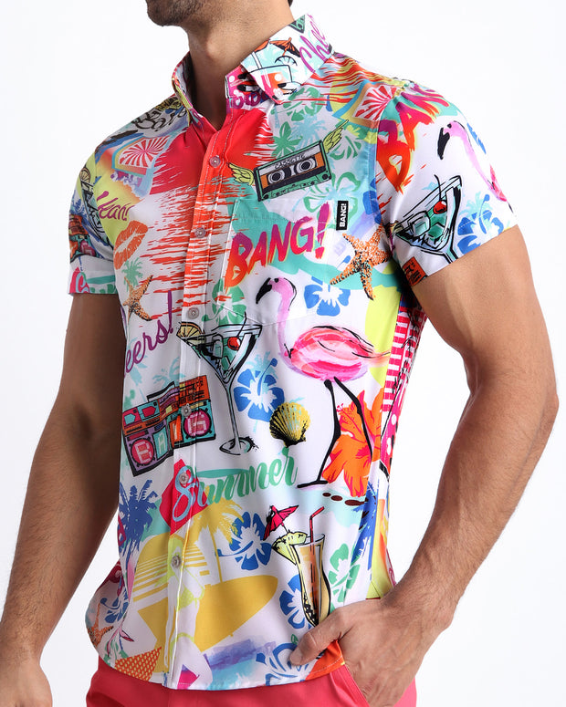Side view of the PEOPLE FROM IBIZA men’s Summer button down featuring a colorful Miami inspired artwork with front pocket by Miami based Bang brand of men&