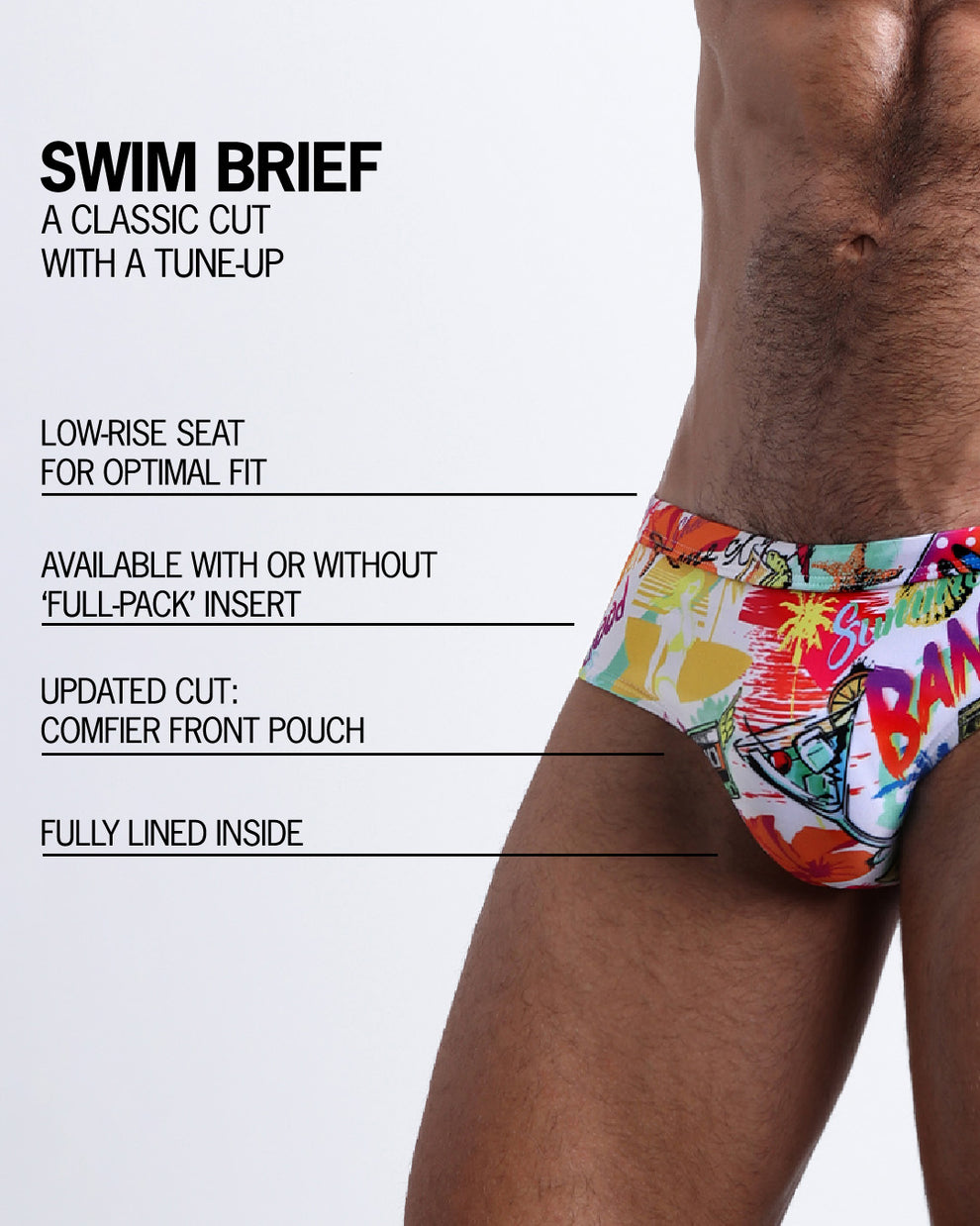 Infographic explaining the classic cut with a tune-up Swim Brief by BANG! Clothes. These men swimsuit is low-rise seat for optimal fit, available with or without 'Full-Pack' insert, comfier front pouch, and fully lined inside.