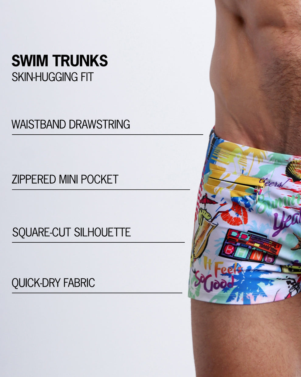 Infographic explaining the Swim Trunks swimming shorts by BANG! These Swim Trunks have a skin-hugging fit, have a wasitband drawstring, zippered mini pocket, square-cut silhouette and quick-dry fabric.