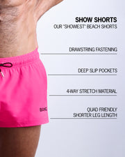 Infographic explaining  BANG!'s Show Shorts the "showiest" beach shorts. These shorts have drawstring fastening, deep slip pockets, 4-way stretch material, and quad friendly shorter leg length. 