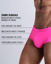 Infographic explaining the features of the PINK BOMB Swim Sunga by BANG! Clothes. These Brazilian men's swim sunga are easy around the waist, tight around the legs, have a contoured front pouch and are mid-length waist coverage.