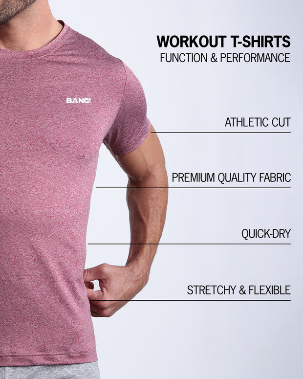 Infographic explaining the features of the RIPPED CRIMSON Workout T-Shirt made by BANG! Clothes. These performance workout top are quick-dry, stretchy & flexible, have an athletic cut, and premium quality fabric.