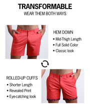 SHOWTIME RED Street shorts by BANG! Clothes are tranformable. You're able to wear wear them 2 ways: Hem down or rolled-up cuffs. Hem down have a mid-thigh length, full solid color, and provide a classic chino shorts look. Rolled-up cuffs provide a shorter length, provide a fun print and eye-catching look.