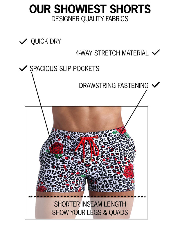 Infographic explaining shorter inseam and leg length on BANG! Miami show shorts premium fit, designer quality, quick dry, four-way stretch, big pockets. 