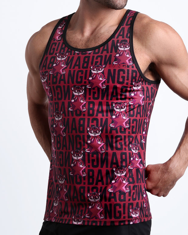 Side view of men’s casual tank top featuring black and red Tiger Pop Art Monogram graphic made by Miami based Bang brand of men&