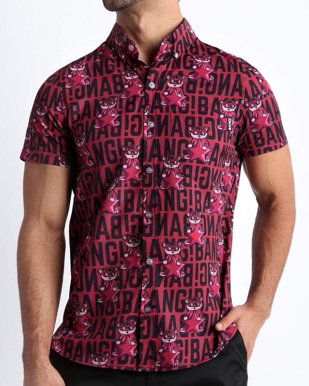 Front view of the STARSTRUCK men’s short-sleeve Hawaiian stretch shirt in a red berry color with black BANG! Typography print and tiger pop art by the Bang! brand of men&