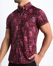 Side view of the STARSTRUCK men’s Summer button down featuring black and red Tiger Pop Art Monogram graphic with front pocket by Miami based Bang brand of men's beachwear.